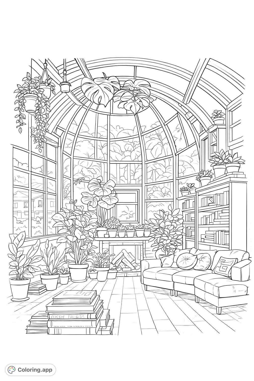 Explore a tranquil sunroom filled with an abundance of diverse potted plants, comfortable seating, and cozy details. A perfect escape for nature lovers.