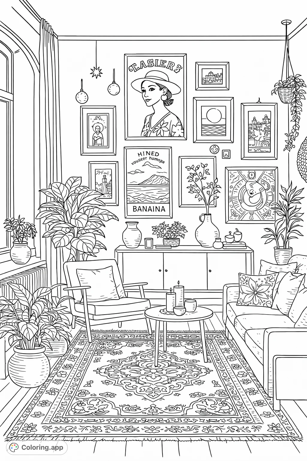Explore a detailed bohemian living room, featuring an eclectic gallery wall, plush furniture, intricate rug patterns, and numerous plants. Perfect for relaxation.