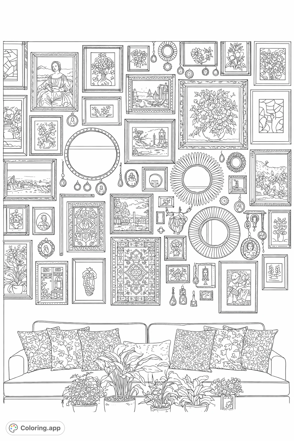 Explore a vibrant gallery wall with diverse artworks, mirrors, and twinkling lights above a cozy sofa with patterned cushions and lush potted plants. A rich, detailed scene.