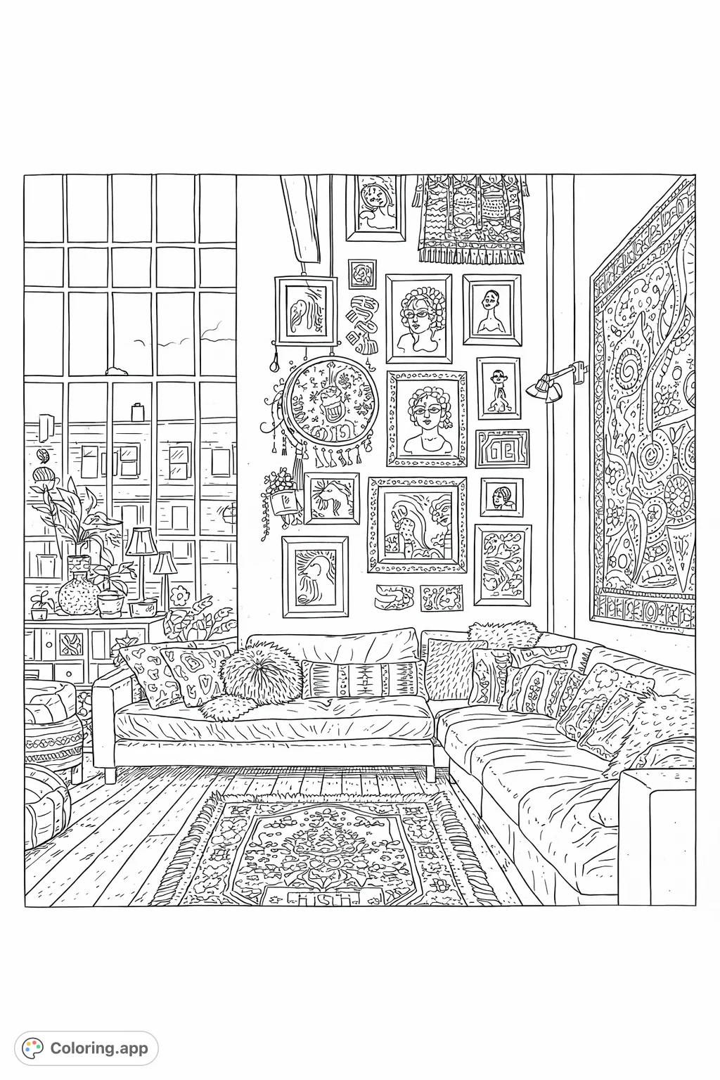 Dive into an eclectic living room scene featuring a plush sectional sofa, a gallery wall of art, and a detailed patterned rug. A perfect home decor coloring page for relaxation.