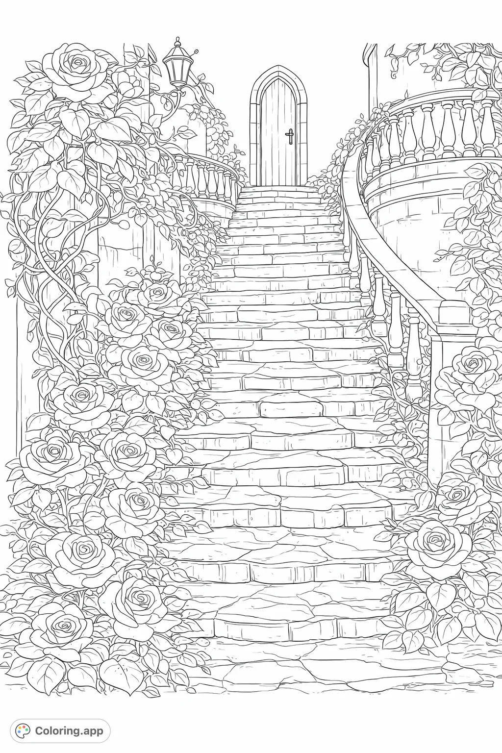Ascend a magnificent winding stone staircase enveloped in abundant roses and intricate foliage towards a grand arched doorway. A delightful, detailed scene for tranquil coloring.