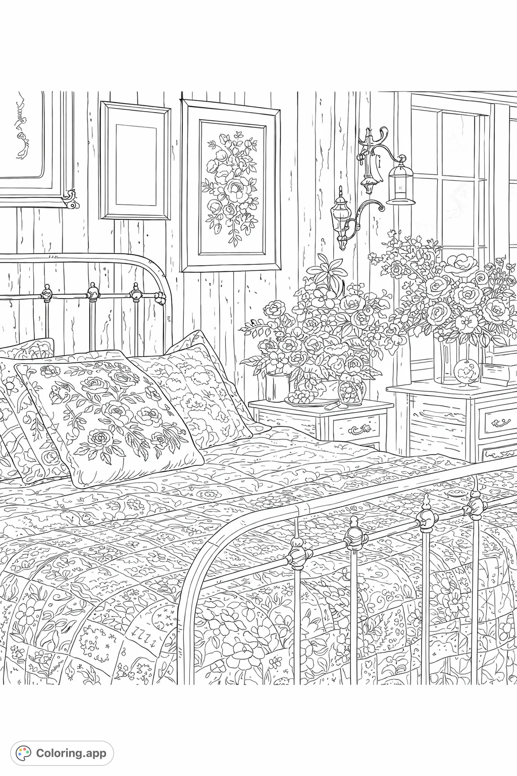 A charming floral quilt coloring page featuring a cozy bedroom with an intricate metal bed, patterned bedding, and abundant flower bouquets. A free printable coloring page for relaxation.