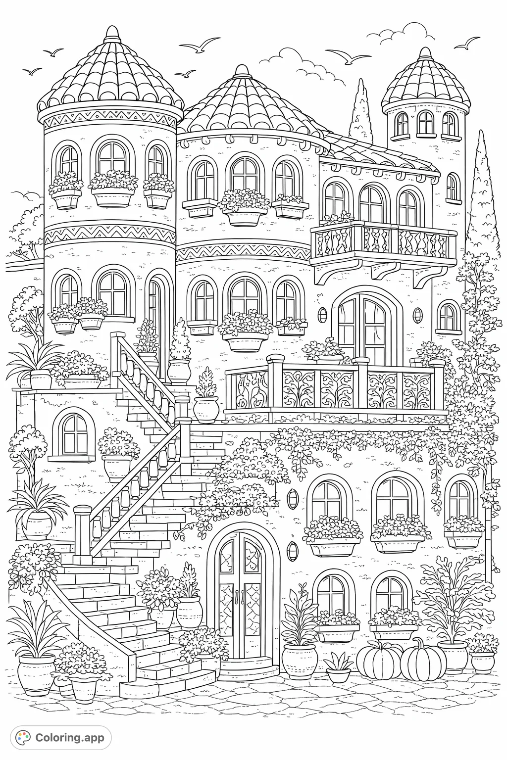 Explore an enchanting Mediterranean villa coloring page, featuring intricate architecture, grand staircases, charming balconies, and lush potted plants.