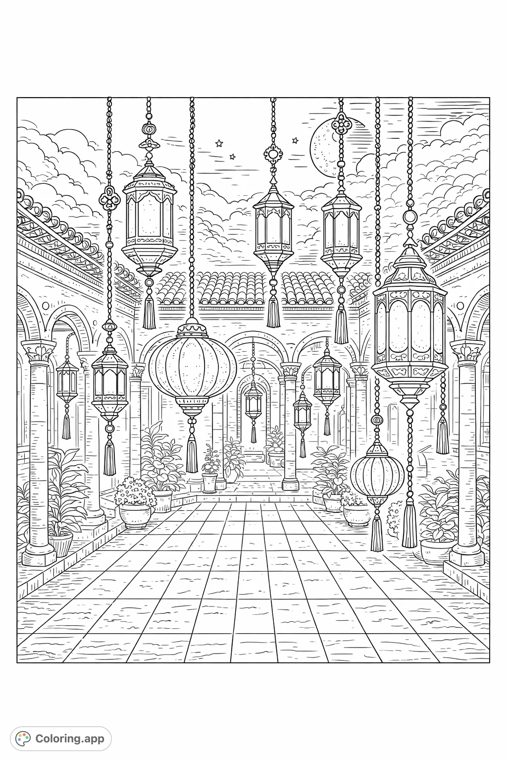 Step into an ancient courtyard adorned with ornate hanging lanterns, intricate arches, and lush plants under a moonlit sky. A detailed architectural coloring experience.