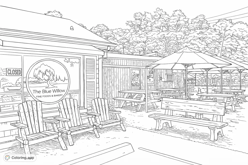 Capture the charm of an outdoor bakery and cafe with rustic wooden seating, a cozy patio filled with picnic tables, and inviting umbrellas against a natural backdrop.