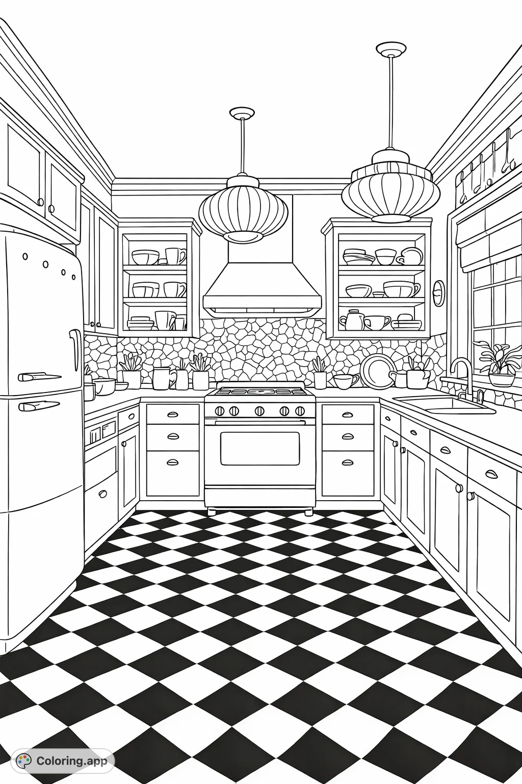 Step into a charming retro kitchen with a classic checkerboard floor, vintage appliances, and inviting details. A delightful scene for creative colorists!