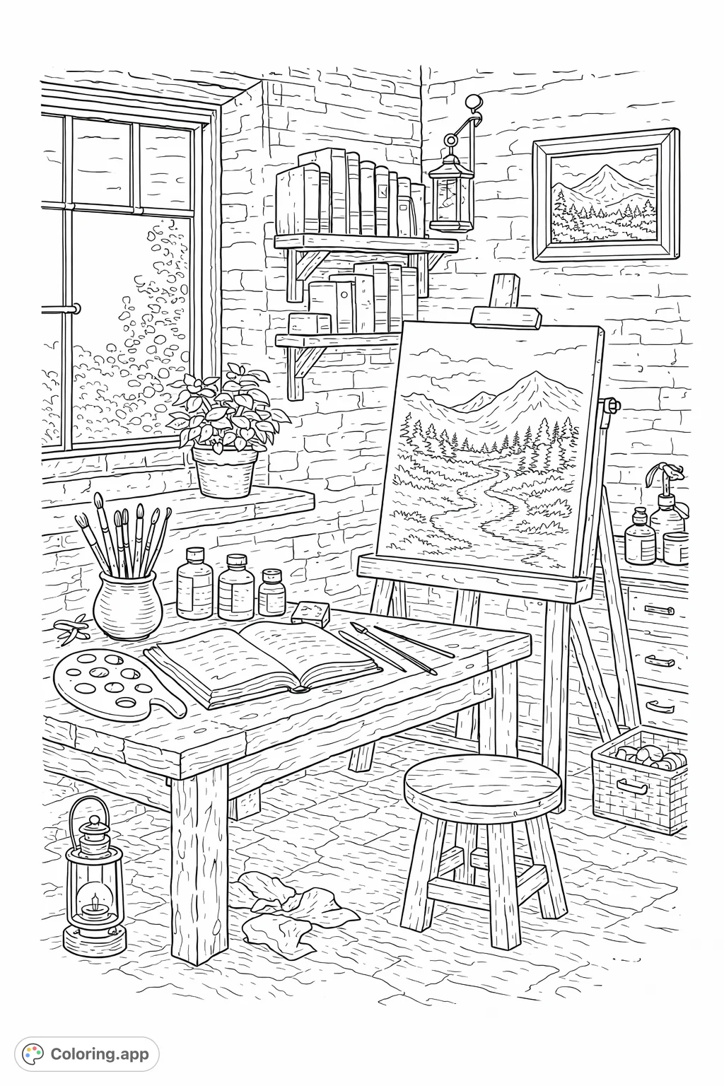 Explore a rustic artist's studio with an easel, art supplies, and a window view. A detailed scene perfect for creatives to bring to life with their own colors.