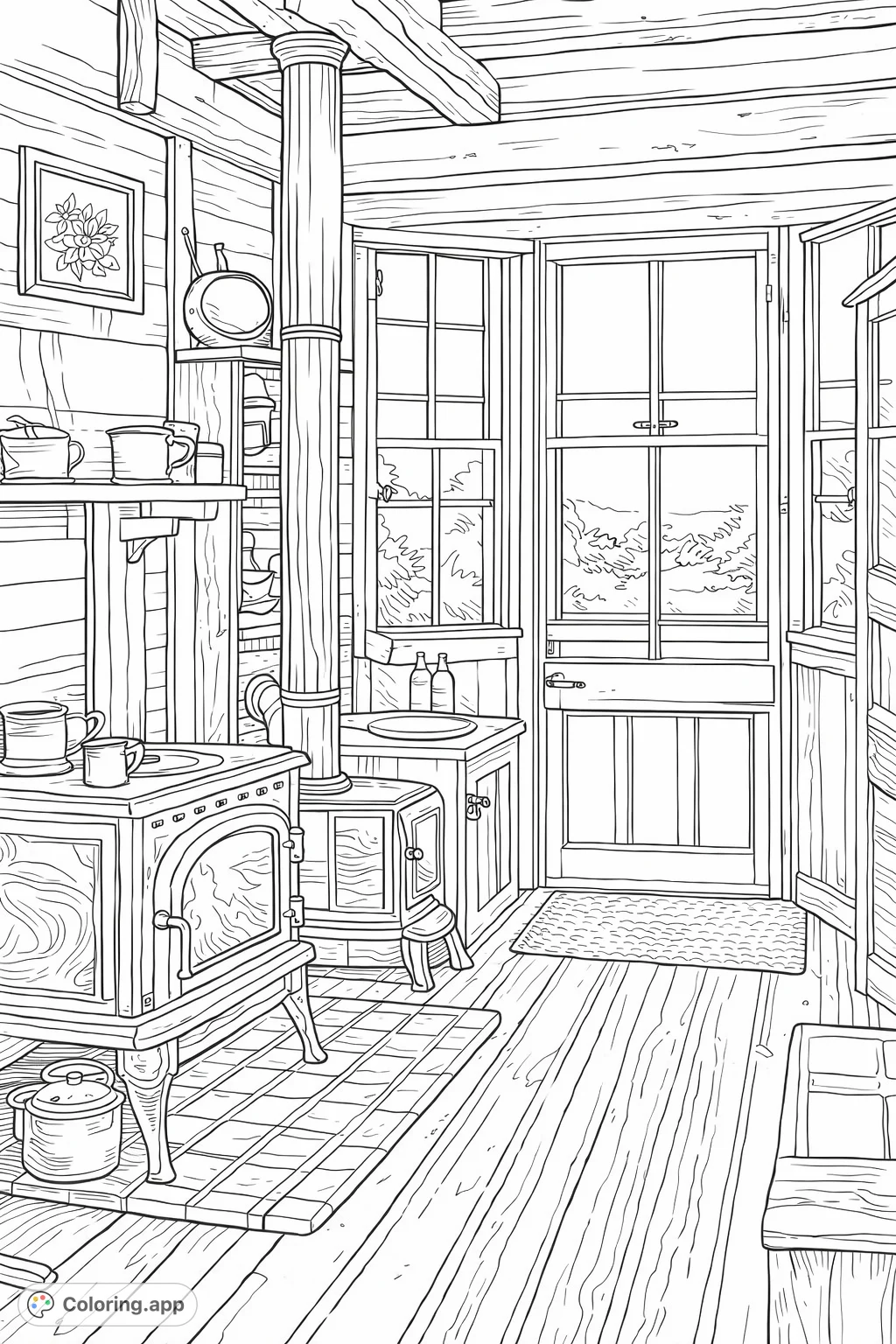 Step into a charming rustic kitchen with a warm wood-burning stove, detailed shelves, and a scenic window view. A perfect cozy escape for mindful coloring.