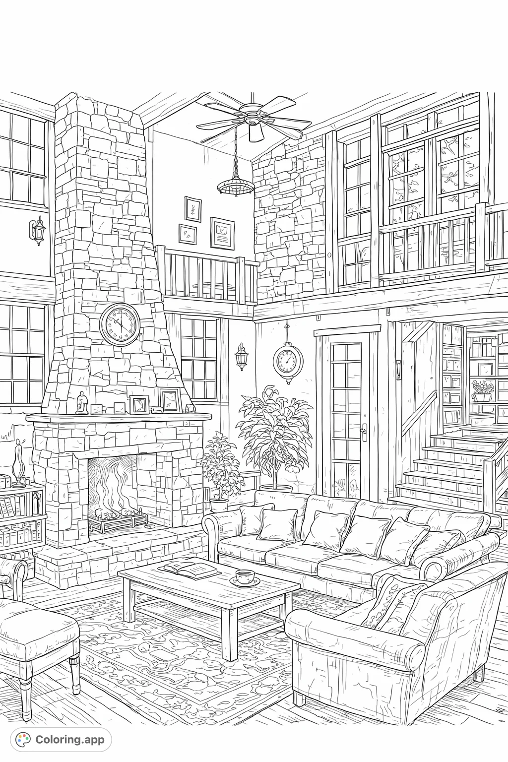 Step into a cozy rustic living room featuring a grand stone fireplace, comfortable sofas, and large windows. Perfect for a relaxing escape!