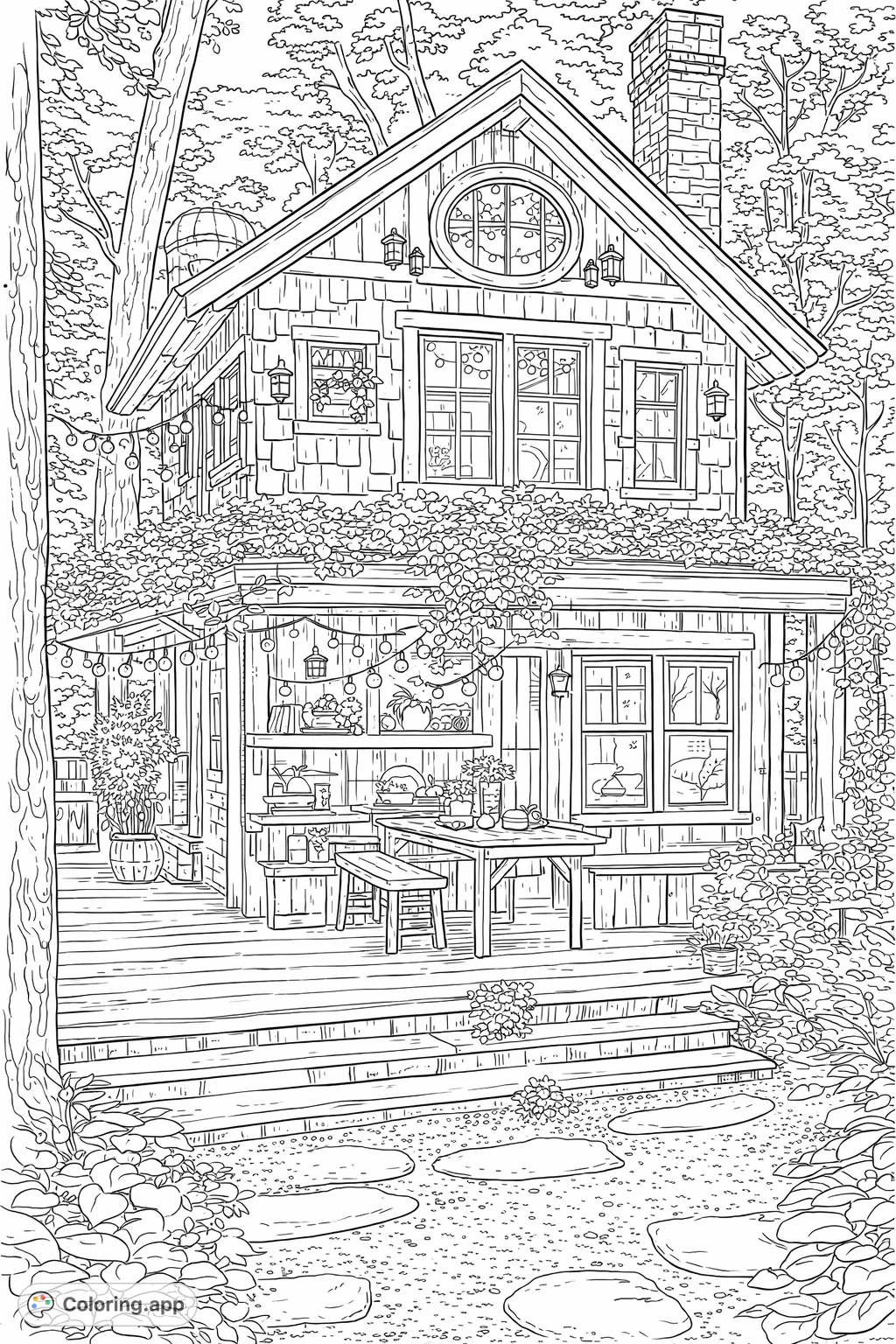 Discover a charming rustic forest cabin, adorned with string lights and lush foliage. A cozy scene inviting you to color and relax.