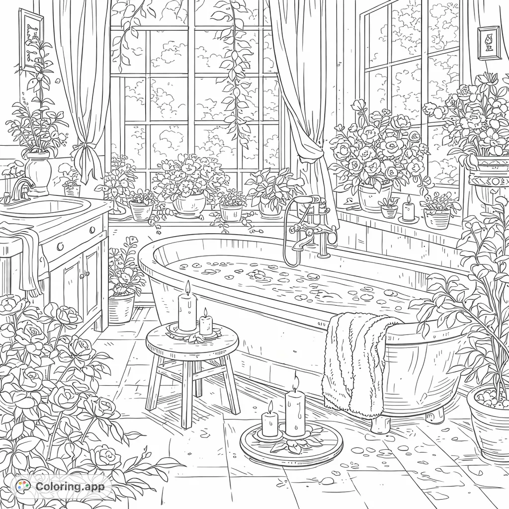 A tranquil bathroom scene filled with lush plants, blooming flowers, and an inviting tub, perfect for a relaxing coloring escape.
