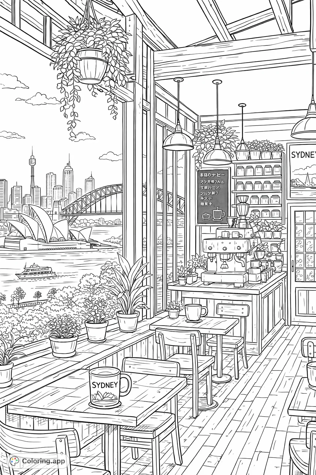 A charming cafe scene offering a panoramic view of the Sydney skyline, complete with iconic landmarks and lush plants, perfect for a relaxing coloring experience.