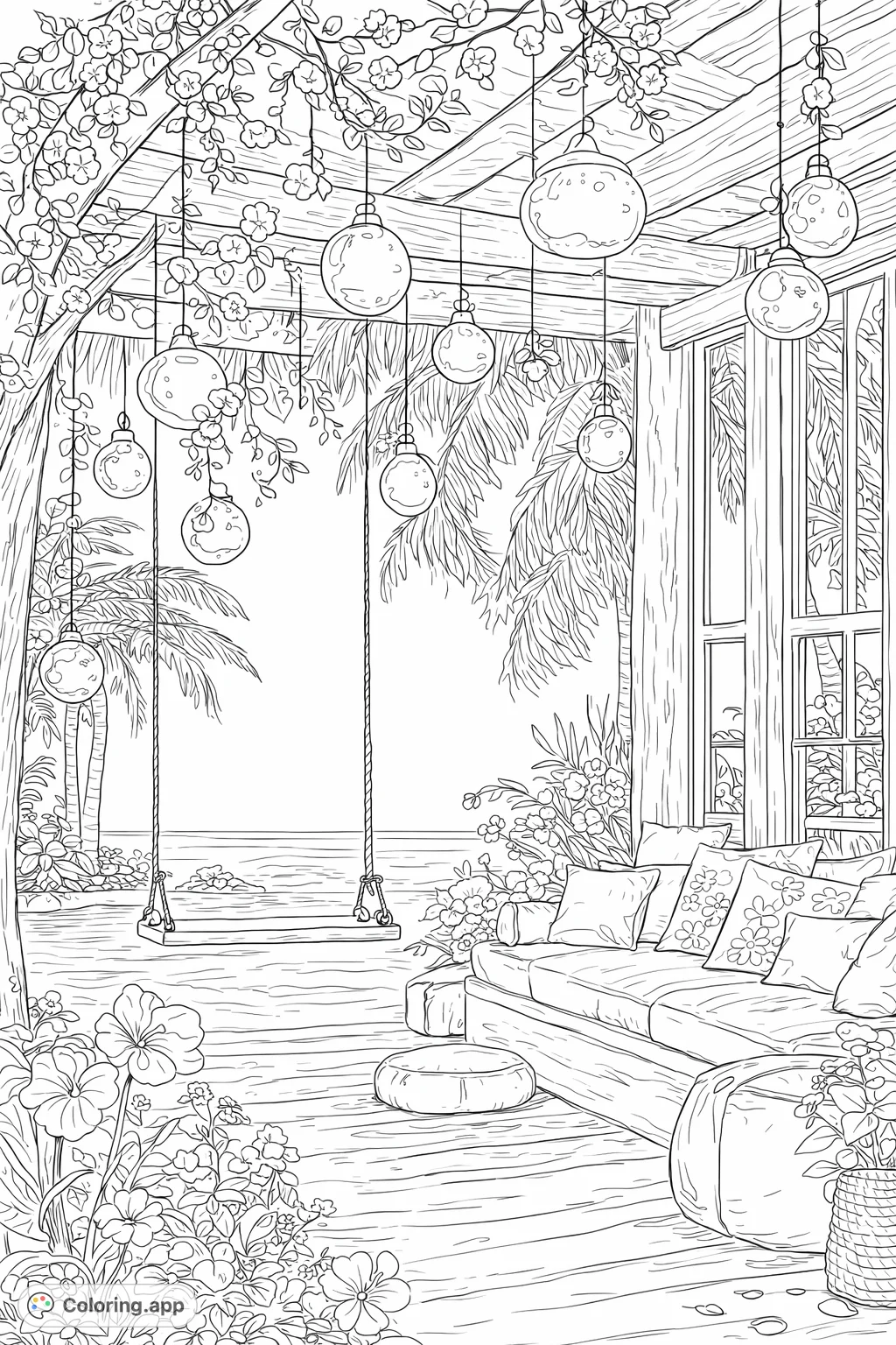 Escape to a tranquil tropical oasis coloring page featuring a cozy patio, an inviting swing over water, and lush flowering plants. Perfect for a serene creative moment.