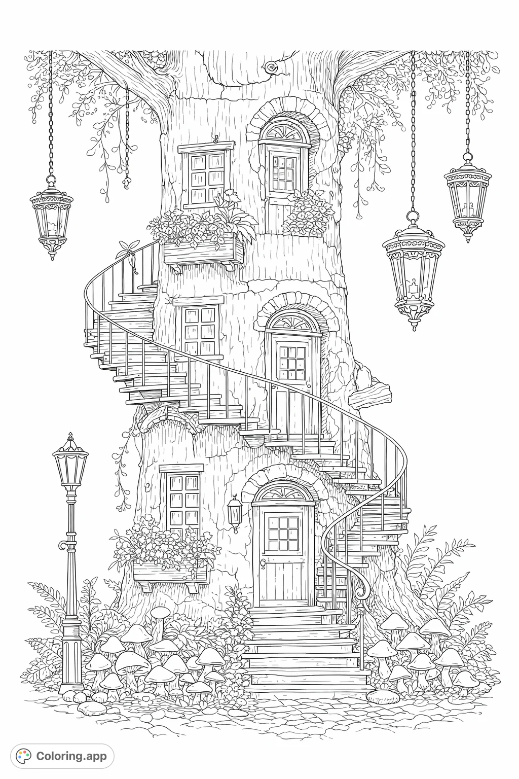 Explore a magical tree dwelling with intricate details, winding stairs, and enchanting forest elements. A delightful scene for creative expression.
