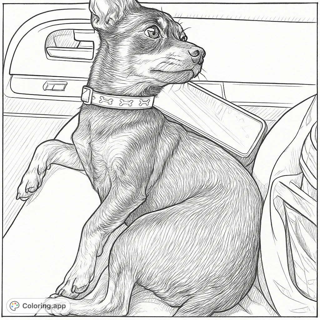 Capture the charm of a small dog on a car adventure. This hand-drawn sketch invites you to bring the loyal companion and its patterned collar to life.