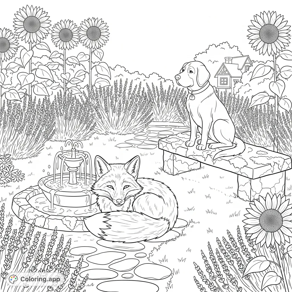 Discover a tranquil secret garden coloring page featuring a curled fox, an attentive dog on a stone bench, a bubbling fountain, and lush garden details.