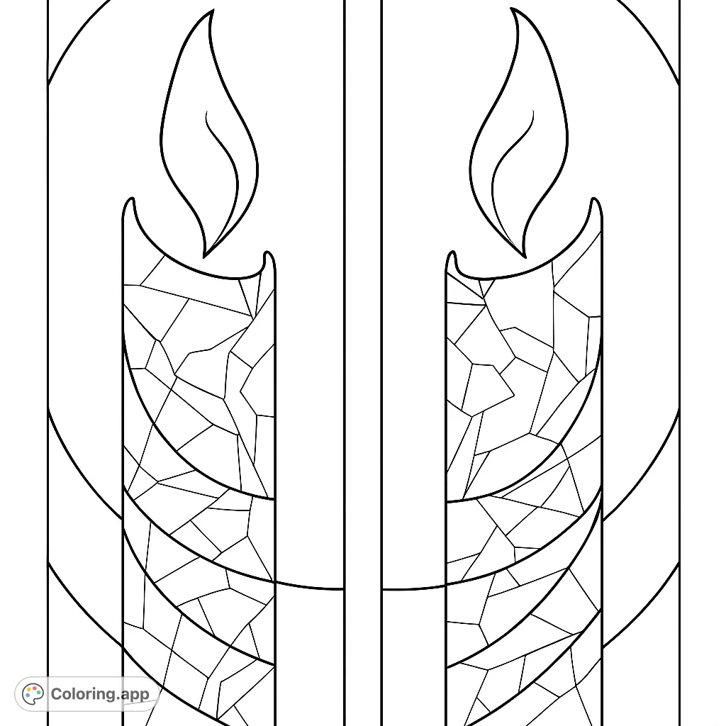 Color two elegant symbolic candles with flame-like tops and intricate textures. A serene design with graceful lines perfect for reflective coloring.