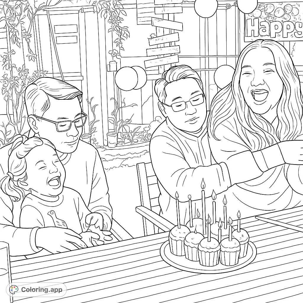 Capture a heartwarming birthday moment with family and friends. This fun coloring page features laughing faces, cupcakes with candles, and festive outdoor decor.