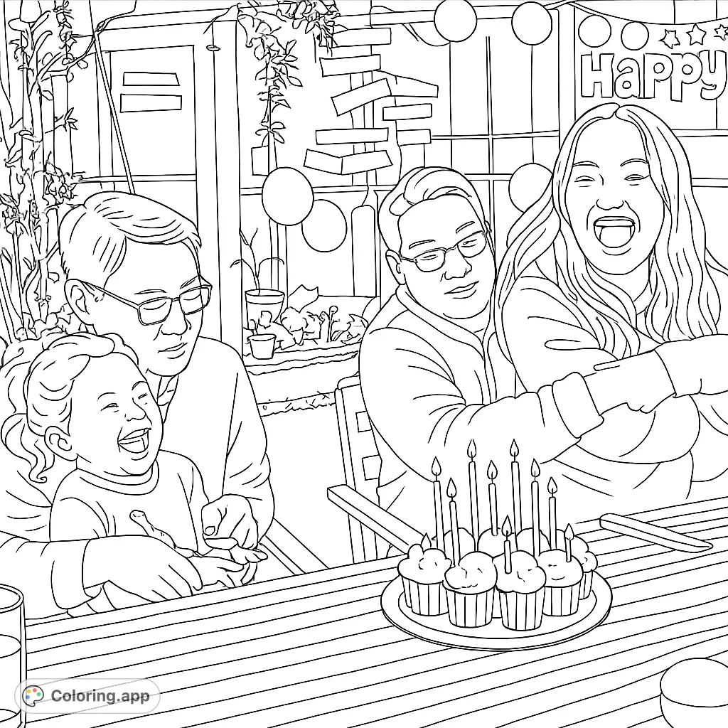 Capture a heartwarming family celebration with loved ones laughing around a table. Features a delightful child, a cake with candles, and a festive garden setting.