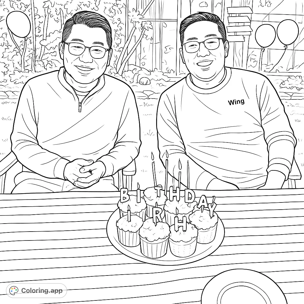 Celebrate a special day with this happy birthday coloring page. Features two smiling individuals, a festive table with cupcakes and candles, set in a pleasant outdoor scene.