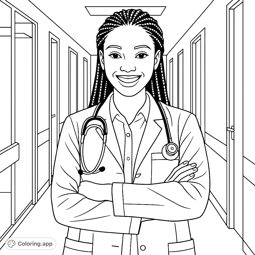 A confident healthcare professional, smiling and dressed in a lab coat with a stethoscope, standing in a well-lit medical hallway.