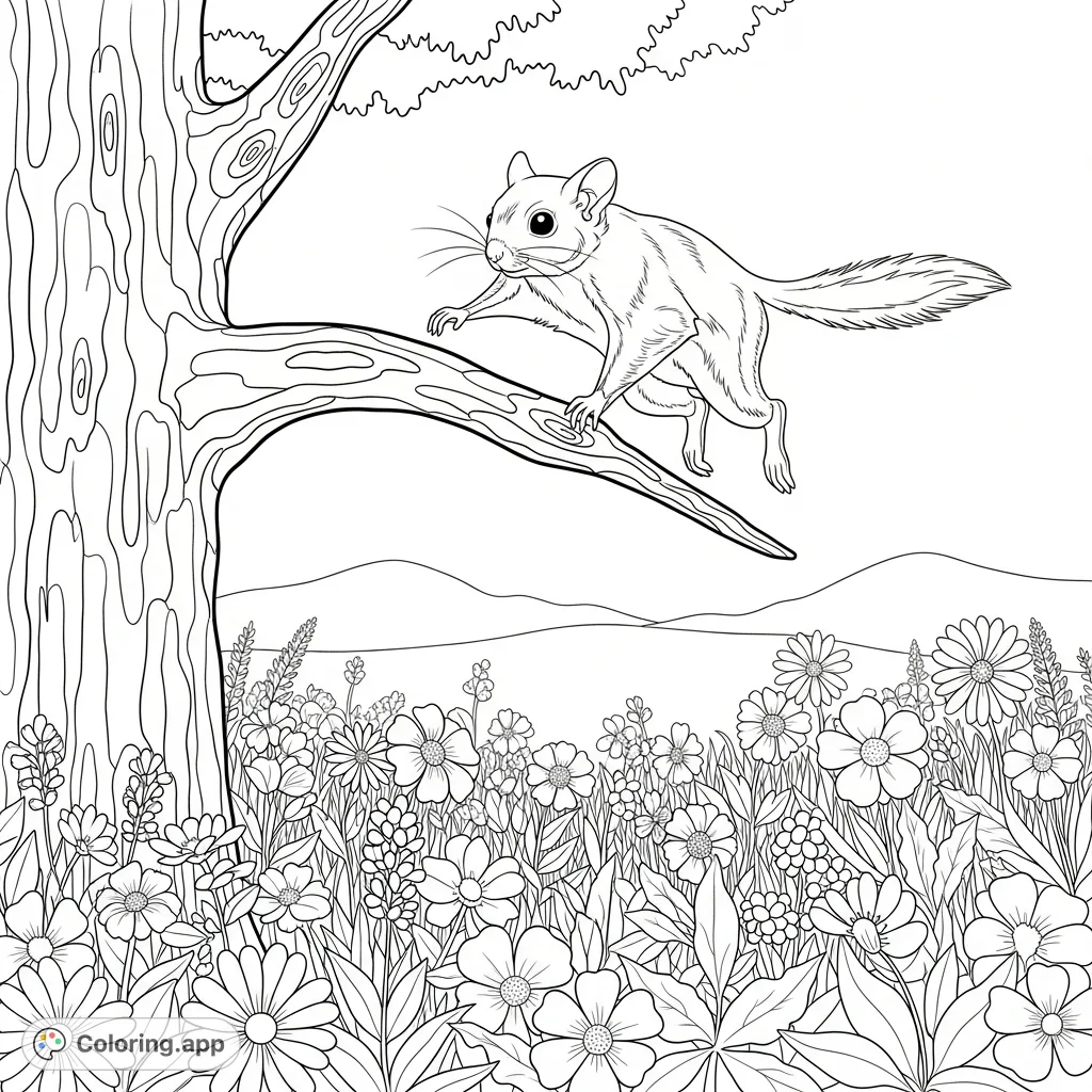 A whimsical flying squirrel coloring page captures a graceful leap from a textured tree branch towards a vibrant field of wildflowers. Perfect for nature lovers!