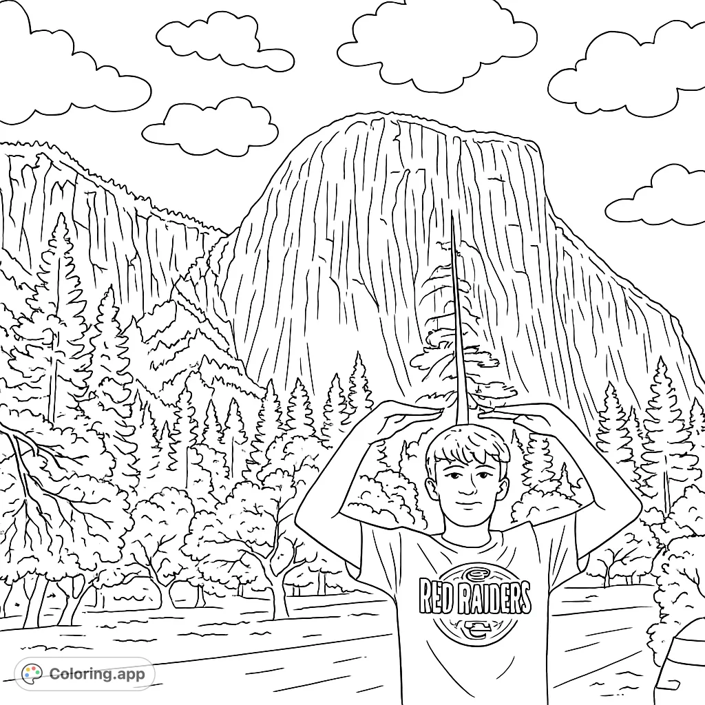 Capture the awe of nature with a young person humorously 'holding' a colossal mountain, framed by a forest. A grand adventure scene.