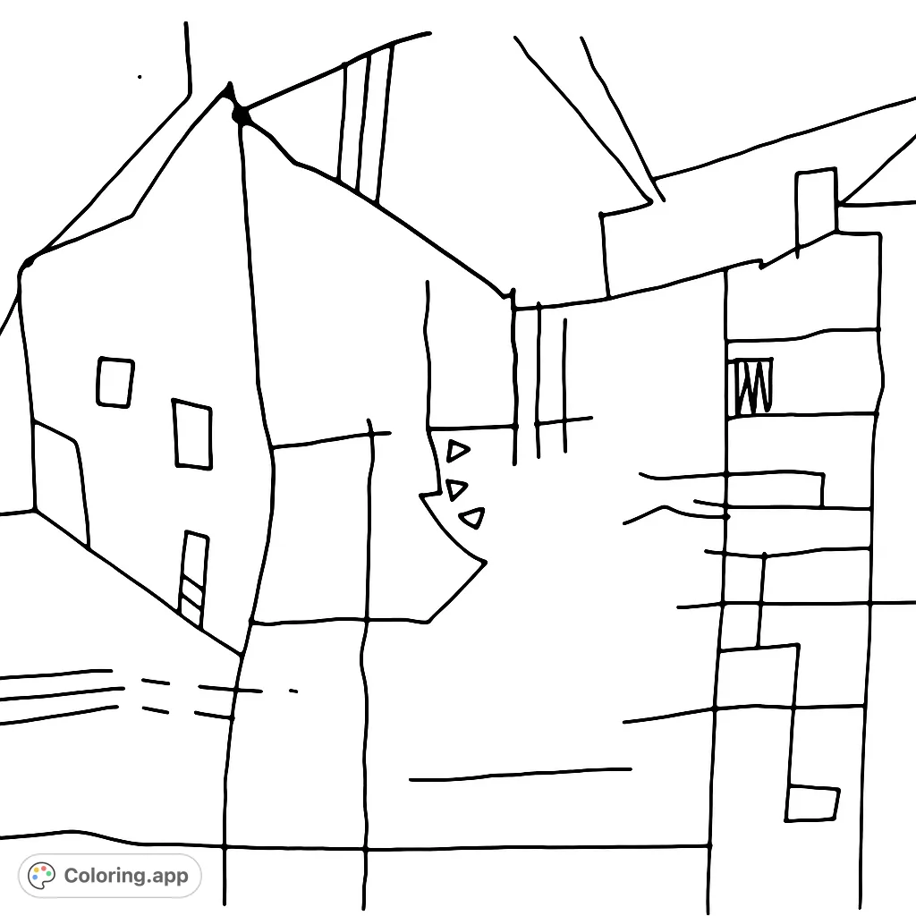 Explore an intriguing abstract fractured cityscape coloring page, featuring bold lines and geometric forms for a unique artistic experience. Perfect for creative expression.