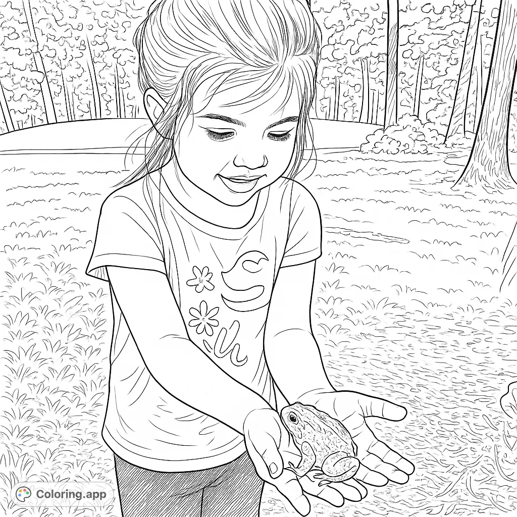 A charming scene of a young child gently holding a toad in their hands, surrounded by a natural outdoor setting. Perfect for nature lovers.