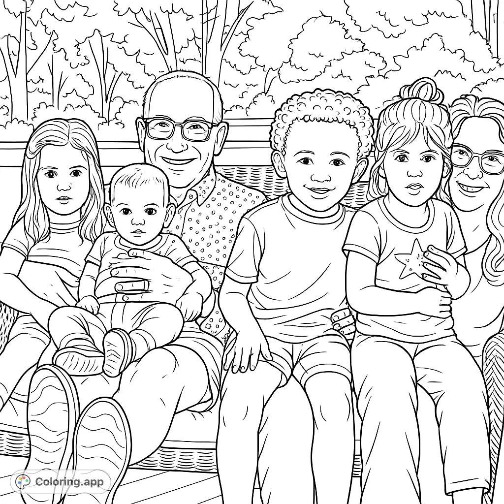 A heartwarming family portrait featuring grandparents and multiple children enjoying a moment of togetherness outdoors on a cozy wicker couch.