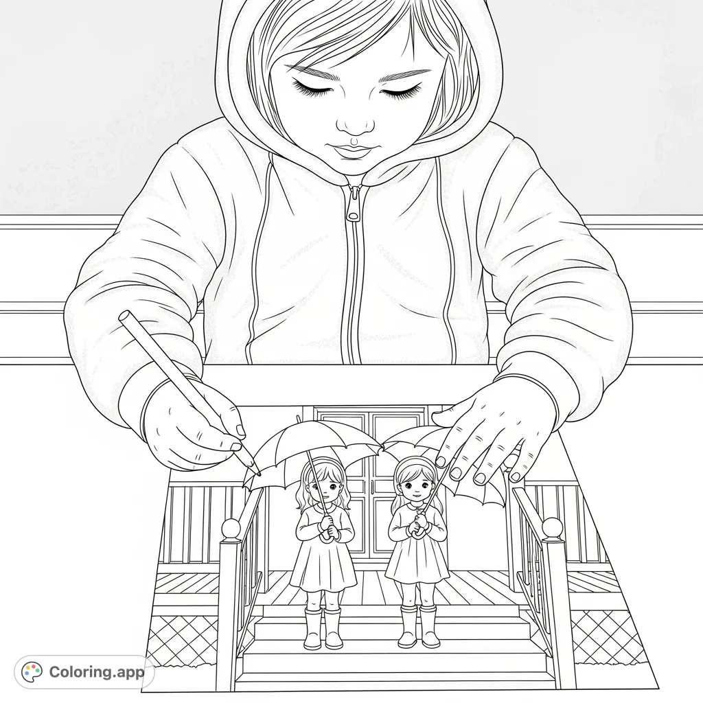 A charming coloring page featuring a little girl in a cozy onsie, deeply focused on coloring a drawing of two friends with umbrellas on a porch. Explore creativity!