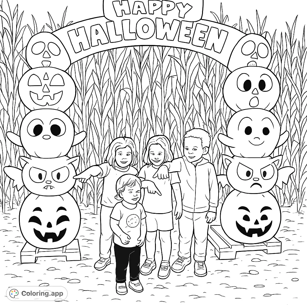 Kids enjoy a festive Halloween scene with playful inflatable pumpkins, ghosts, bats, and skulls, set against a cornfield. Perfect for autumn fun!