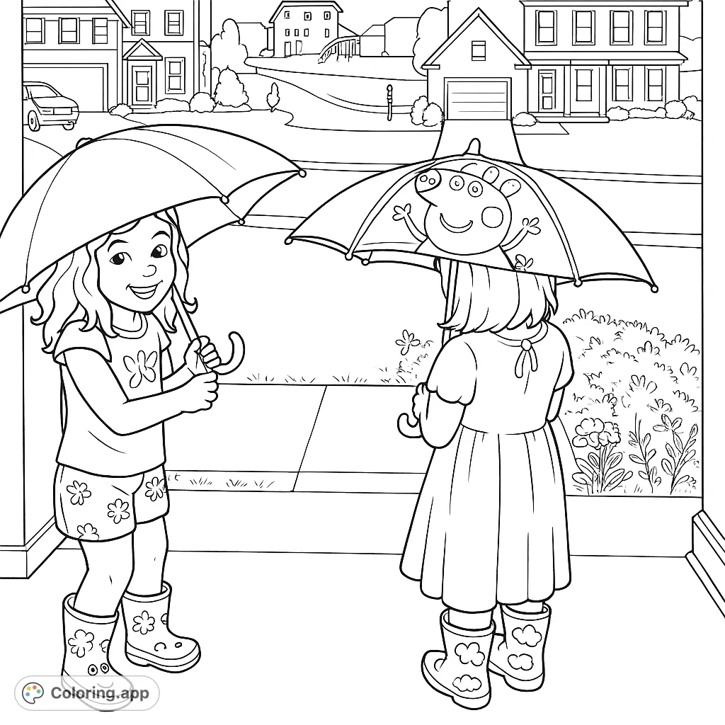 A delightful coloring page featuring two children with their character umbrellas, ready to brighten a rainy day. Perfect for creative play and imagination!