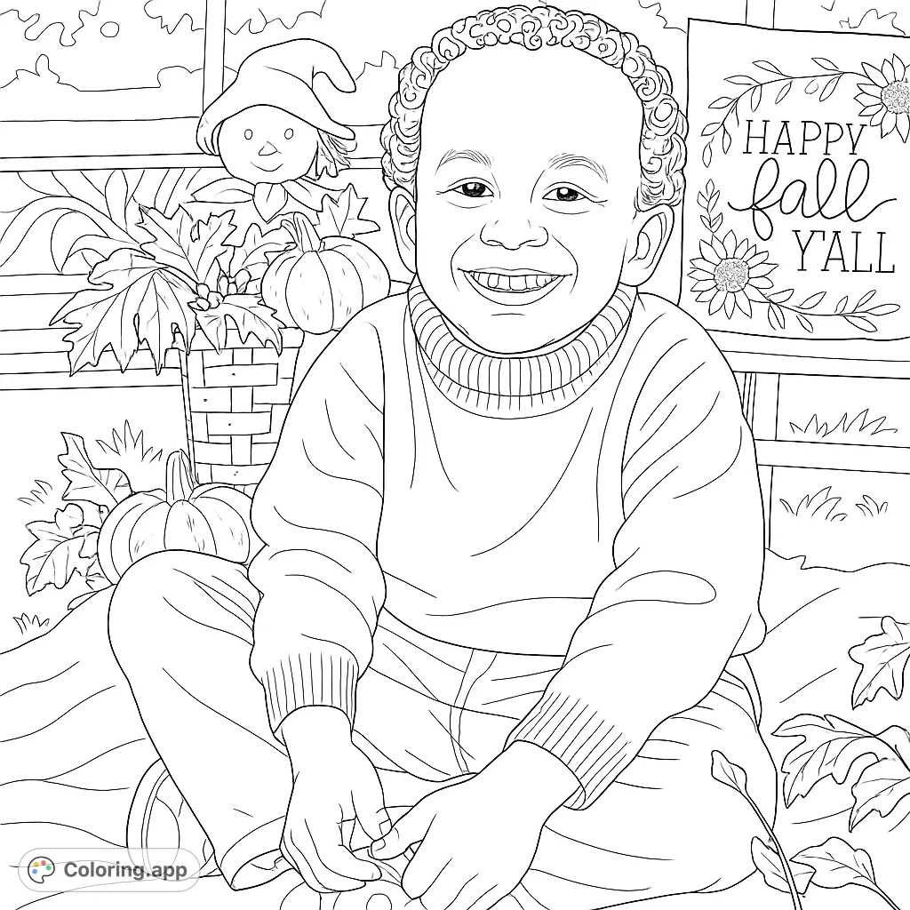 A joyful child smiles amidst autumn decorations, including pumpkins, leaves, and a friendly gnome, perfect for a cozy fall coloring activity.