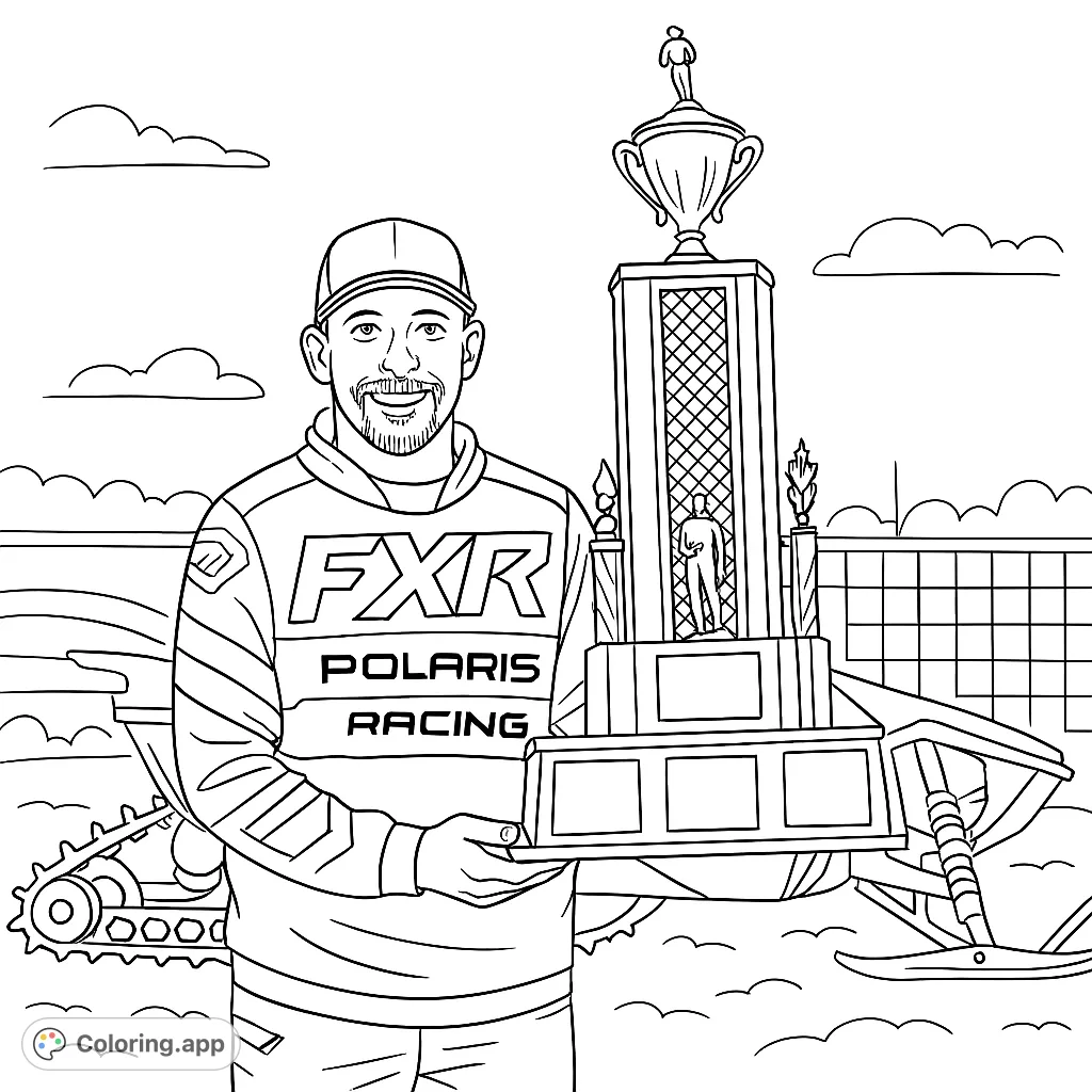 Celebrate victory with this snowmobile racer holding a grand trophy! A thrilling scene ready for your creative touch on this free printable coloring page.