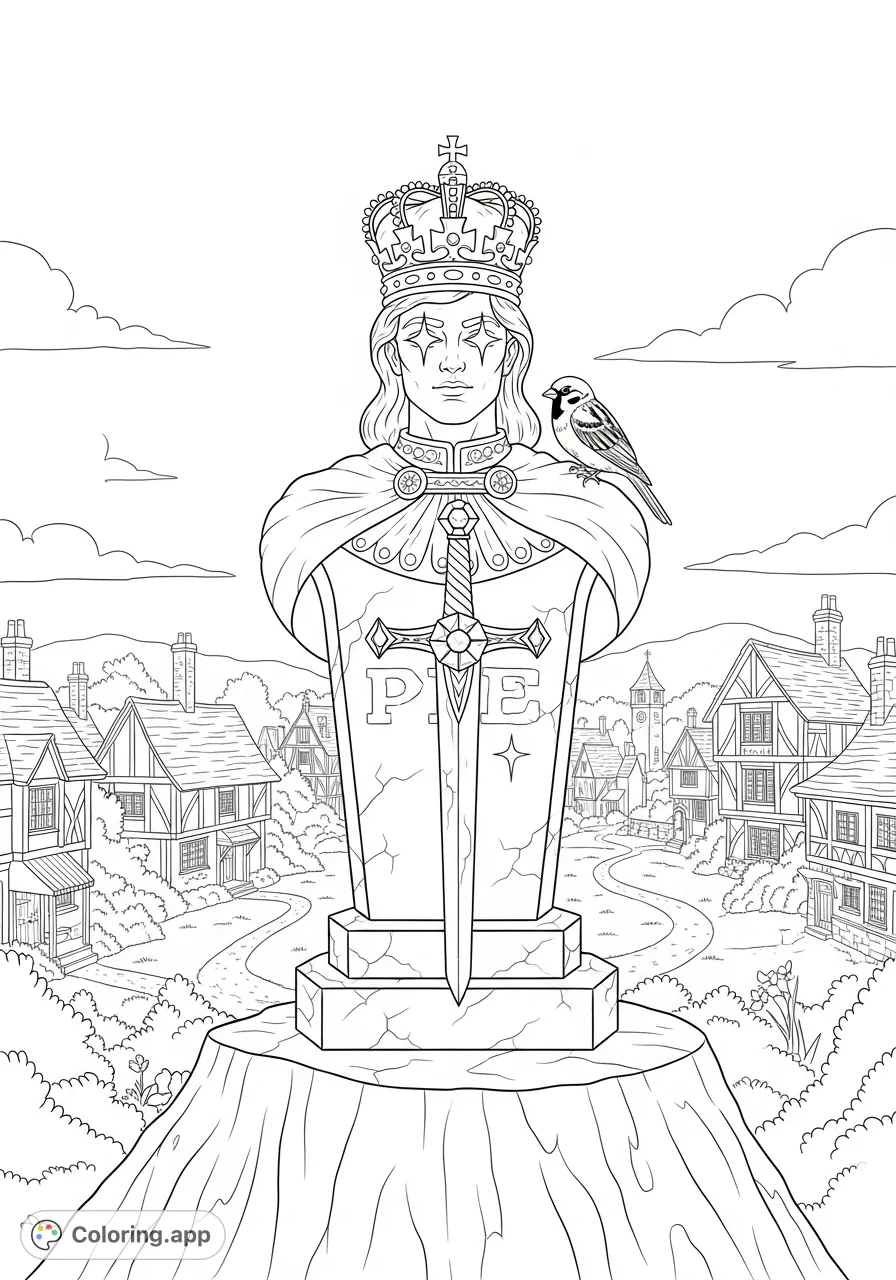 A majestic prince monument with a detailed crown and sword overlooks a charming old English village, a tiny sparrow perched on its shoulder.