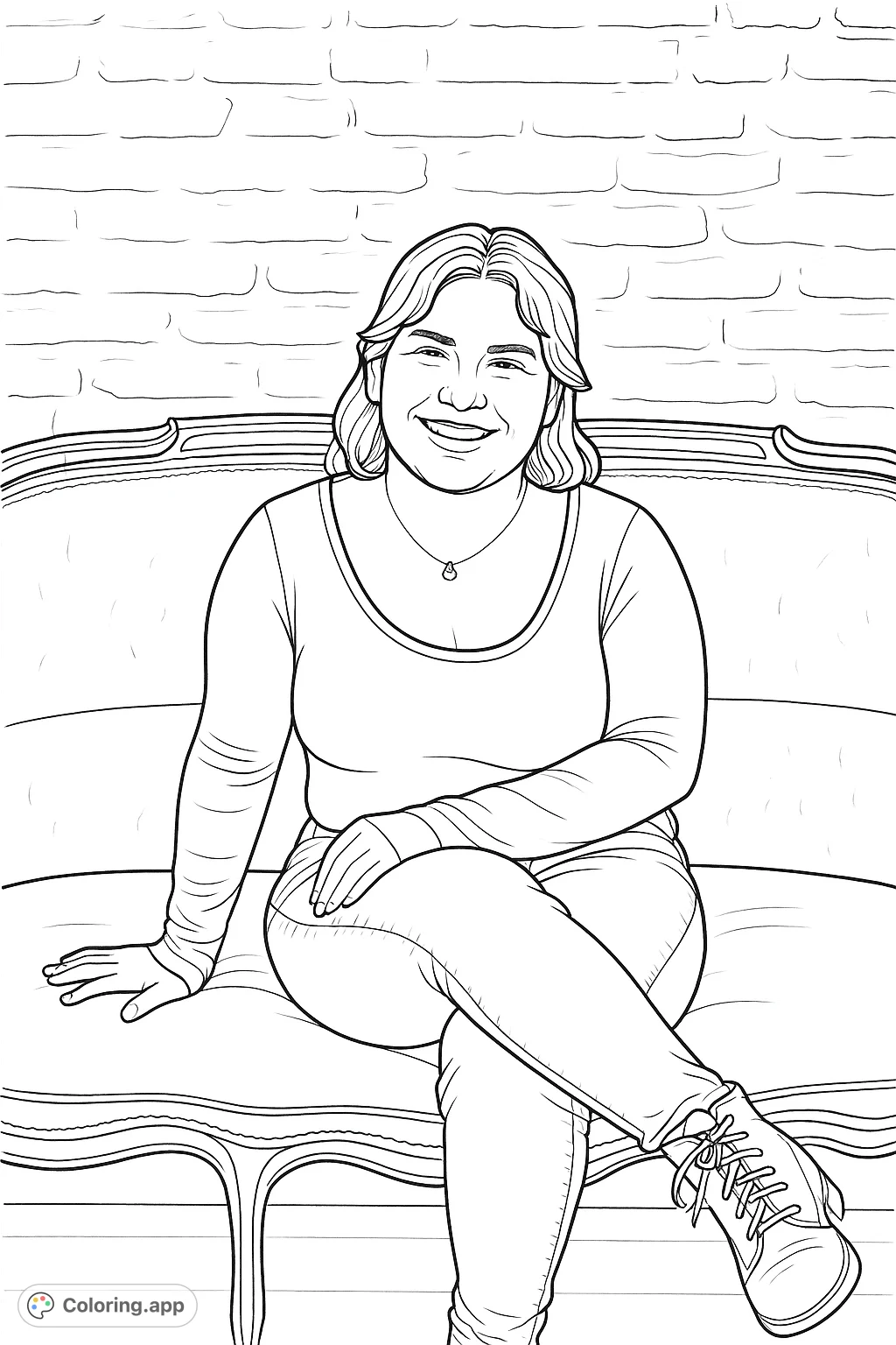 A charming coloring page featuring a smiling woman relaxing on a beautifully carved sofa. Perfect for adding your personal touch to her outfit and the vintage decor.