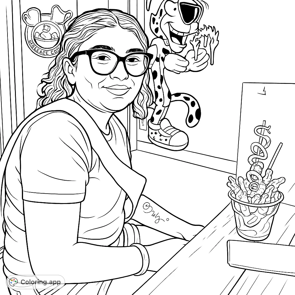 A fun coloring page featuring a smiling person with a celebratory sash, enjoying a vibrant, overflowing dessert. The background includes playful wall murals, perfect for creative expression.