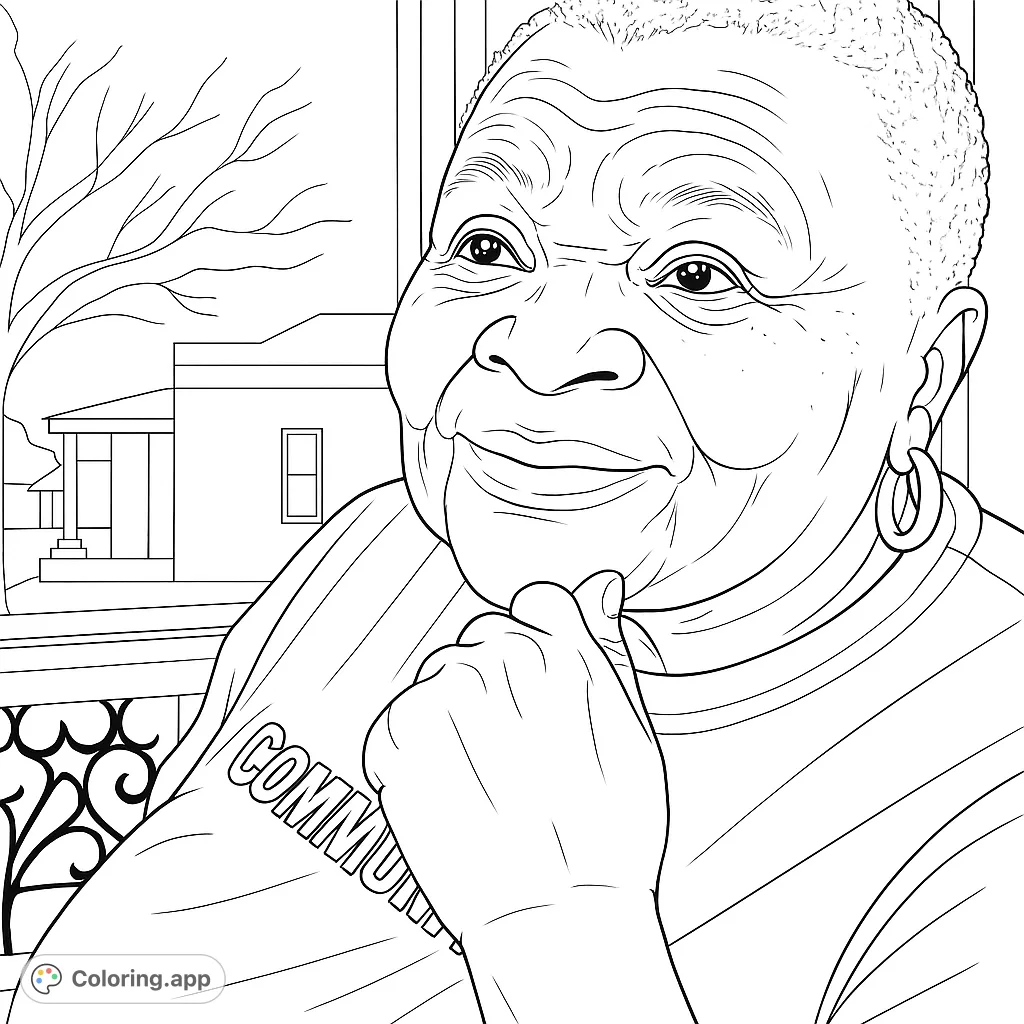 Capture the serene beauty of an elderly woman in a thoughtful pose. Her expressive face and gentle demeanor invite a mindful coloring experience.
