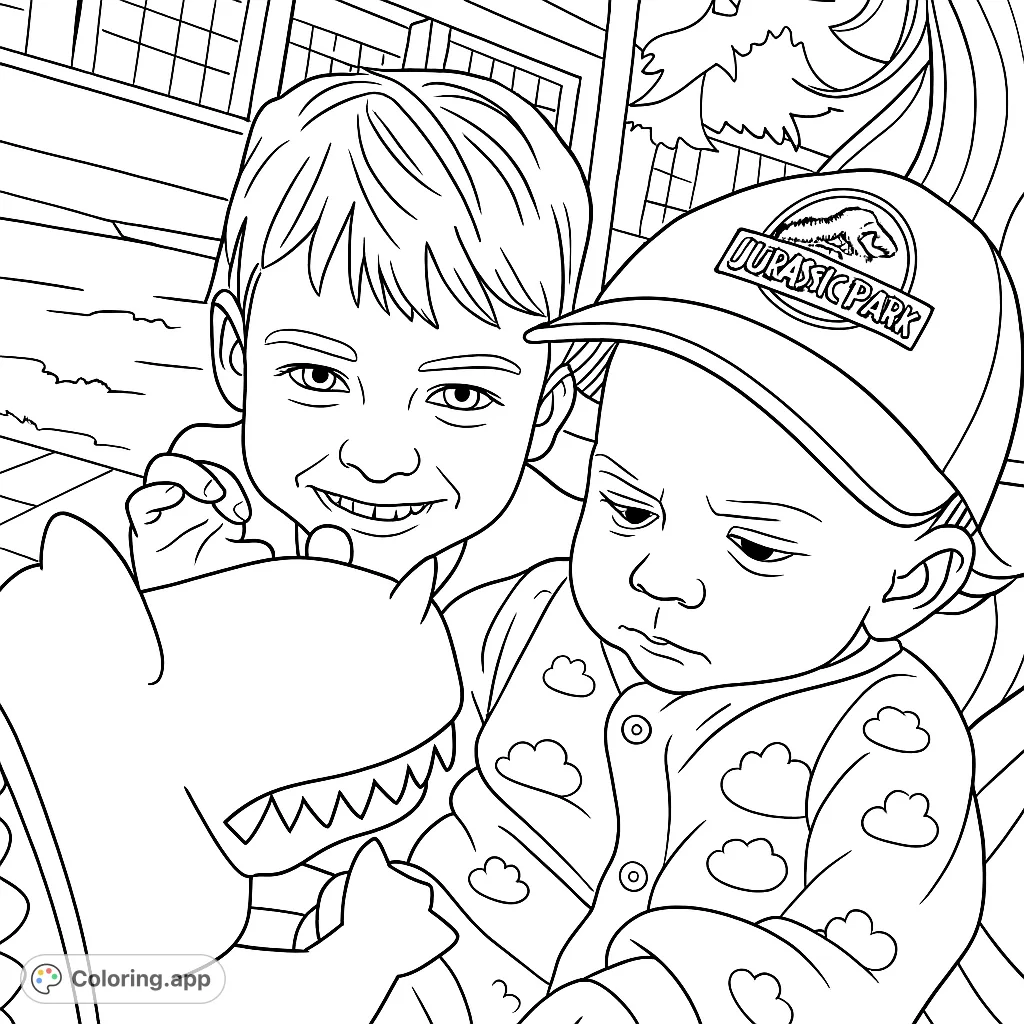 A delightful coloring page featuring an older boy, a baby in a hat, and a charming plush dinosaur toy. Perfect for family fun and imaginative play!