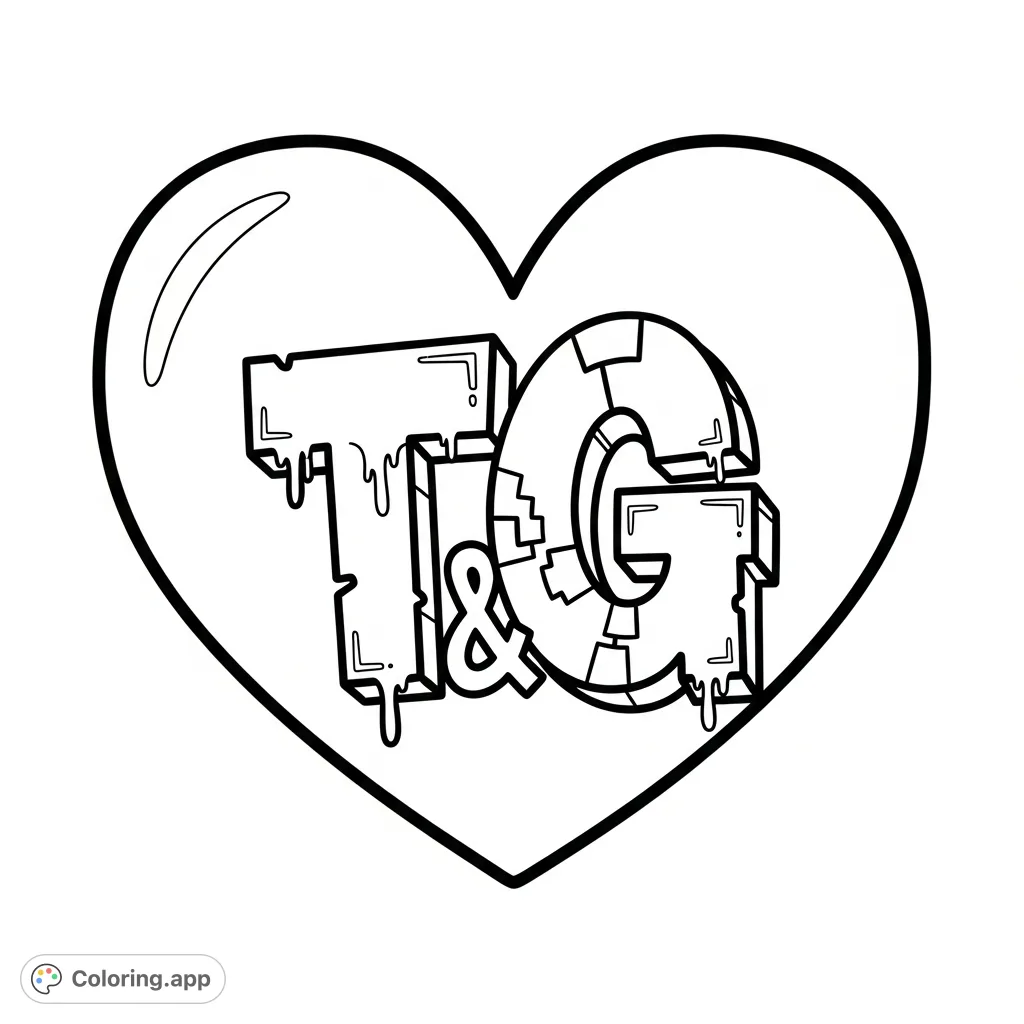 A dynamic graffiti heart design featuring bold initials "T" and "G" with irregular outlines and dripping effects, encased in a smooth, cartoonish heart.