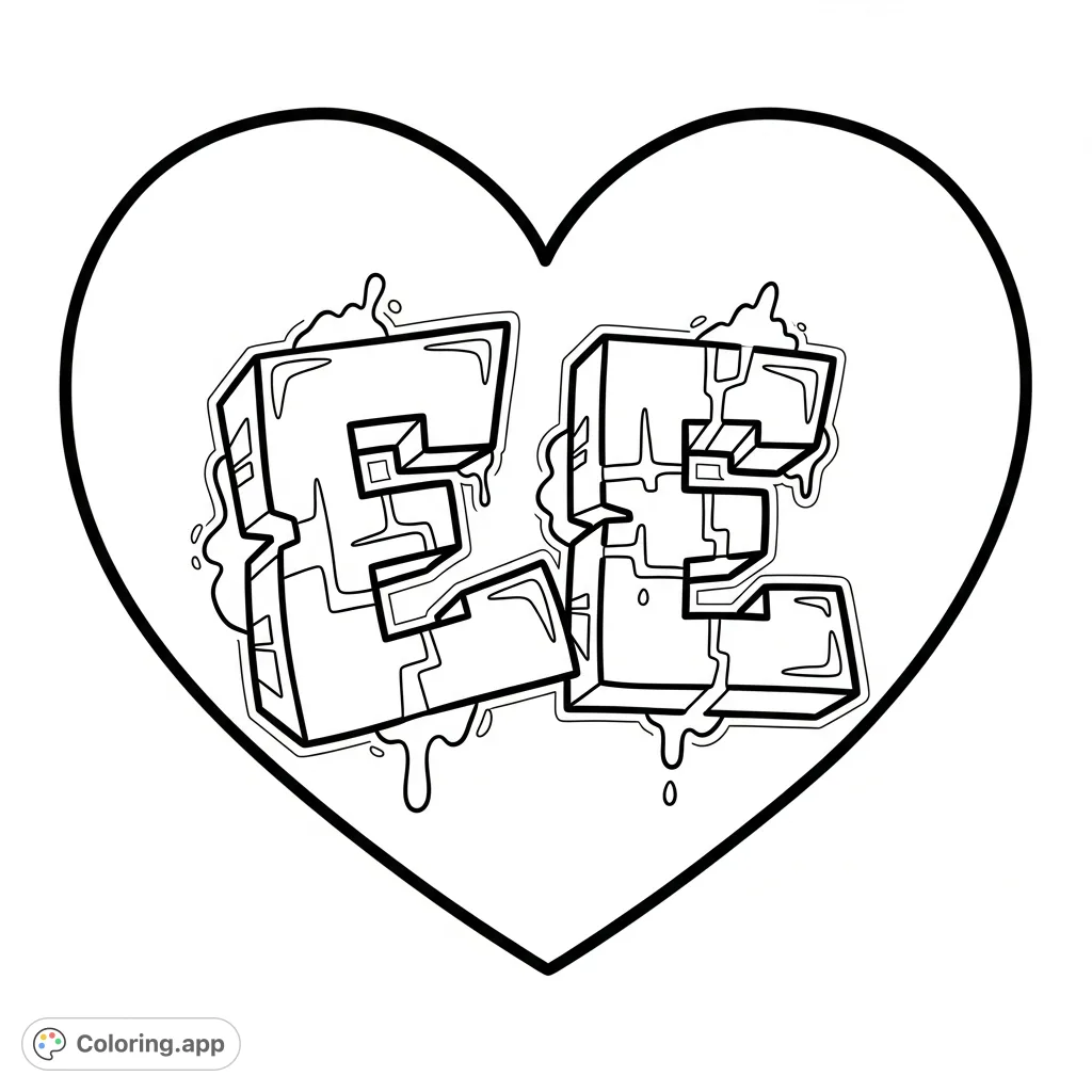 An engaging graffiti heart coloring page featuring bold 'E' and 'E' initials within a smooth heart, offering a unique blend of urban art and classic symbolism.