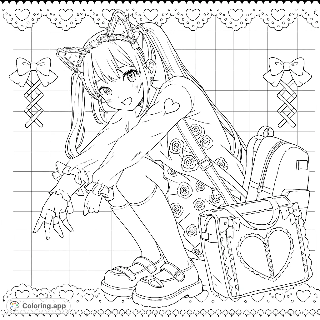 A charming gothic lolita girl in a detailed outfit, squatting with her backpack and heart-shaped bag. Perfect for fans of anime fashion and intricate designs.