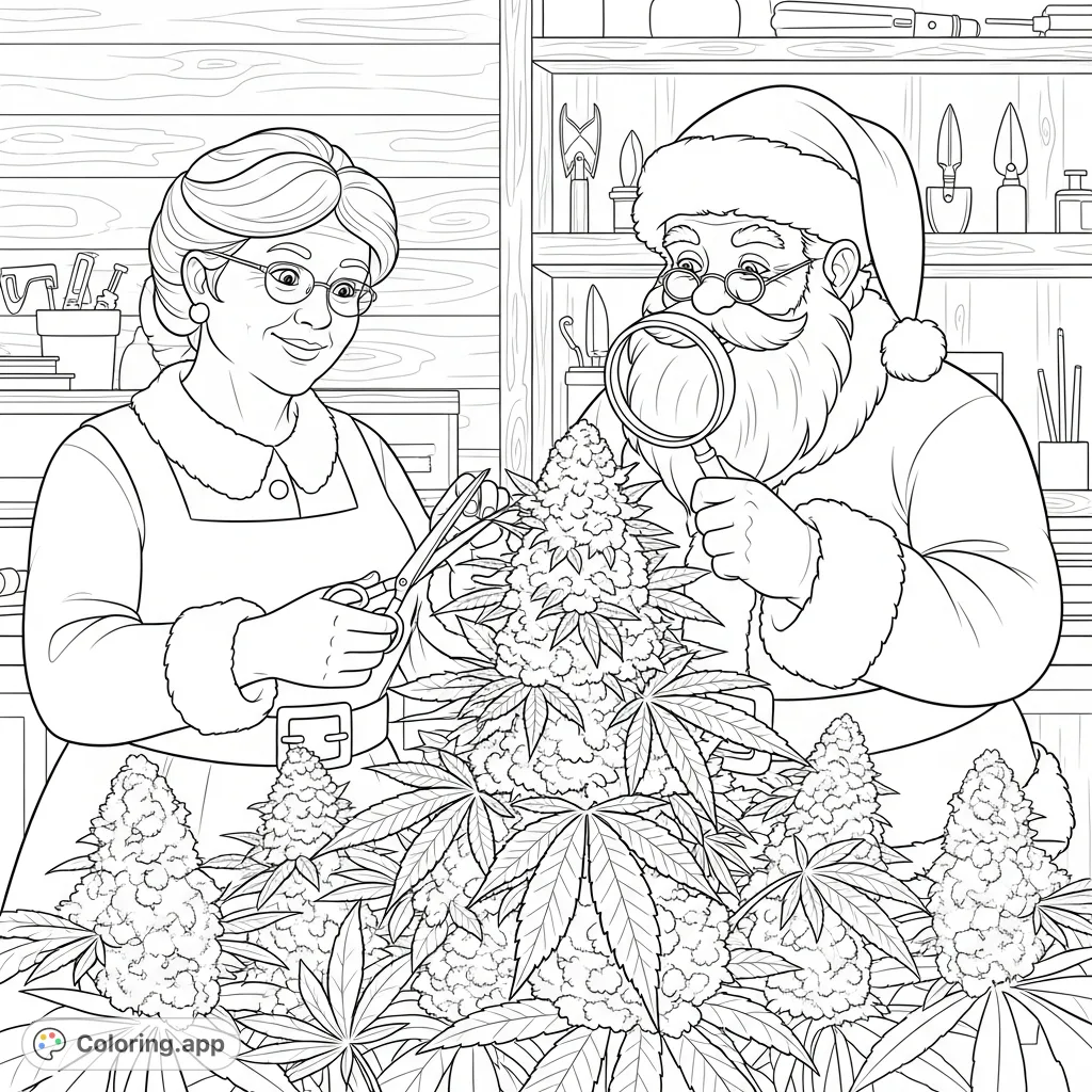 Santa and Mrs. Claus busy trimming a large cannabis plant, surrounded by their gardening tools. A festive yet unique adult coloring page.
