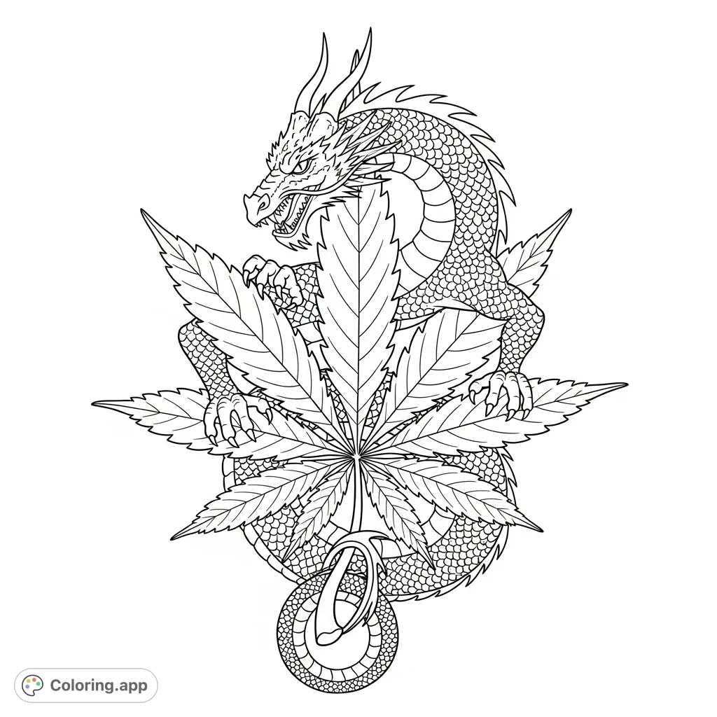 A striking dragon wraps around a cannabis leaf in a dynamic, stylized design. Perfect for adult colorists seeking a unique, detailed, and symbolic art piece to personalize.
