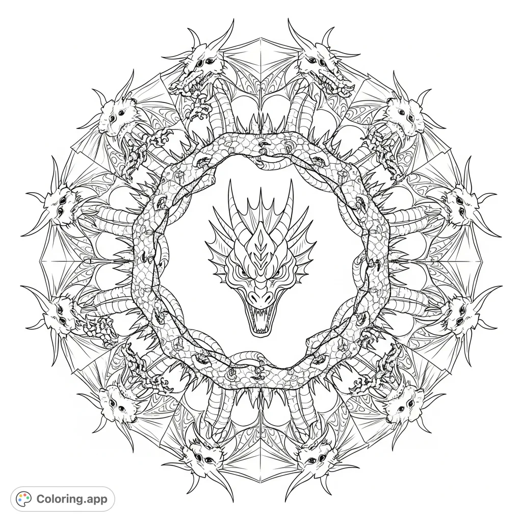 A captivating dragon coloring page featuring twelve intricately scaled dragons forming a dynamic circle around a powerful central dragon face. Perfect for fantasy fans!