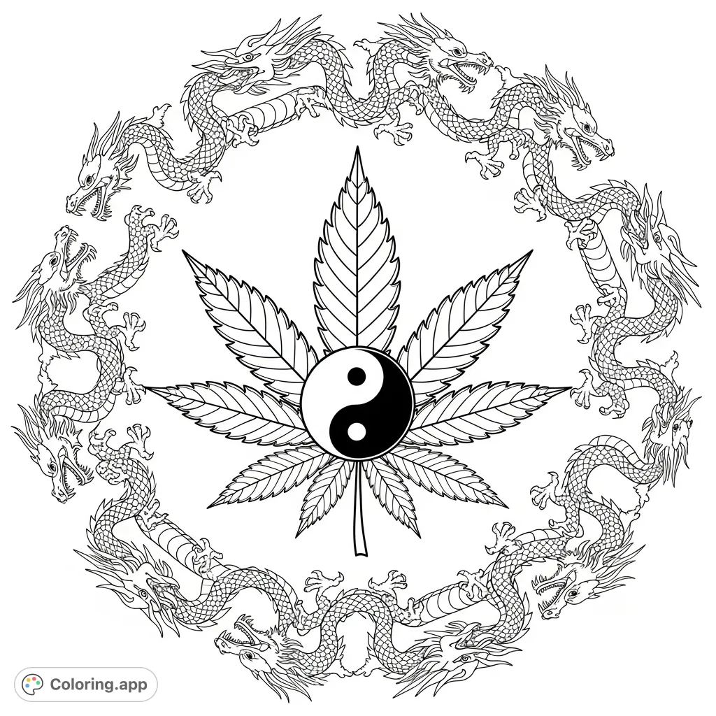 An intricate coloring page featuring a cannabis leaf with a yin-yang symbol at its heart, encircled by thirteen detailed dragons. Perfect for focused adult coloring.