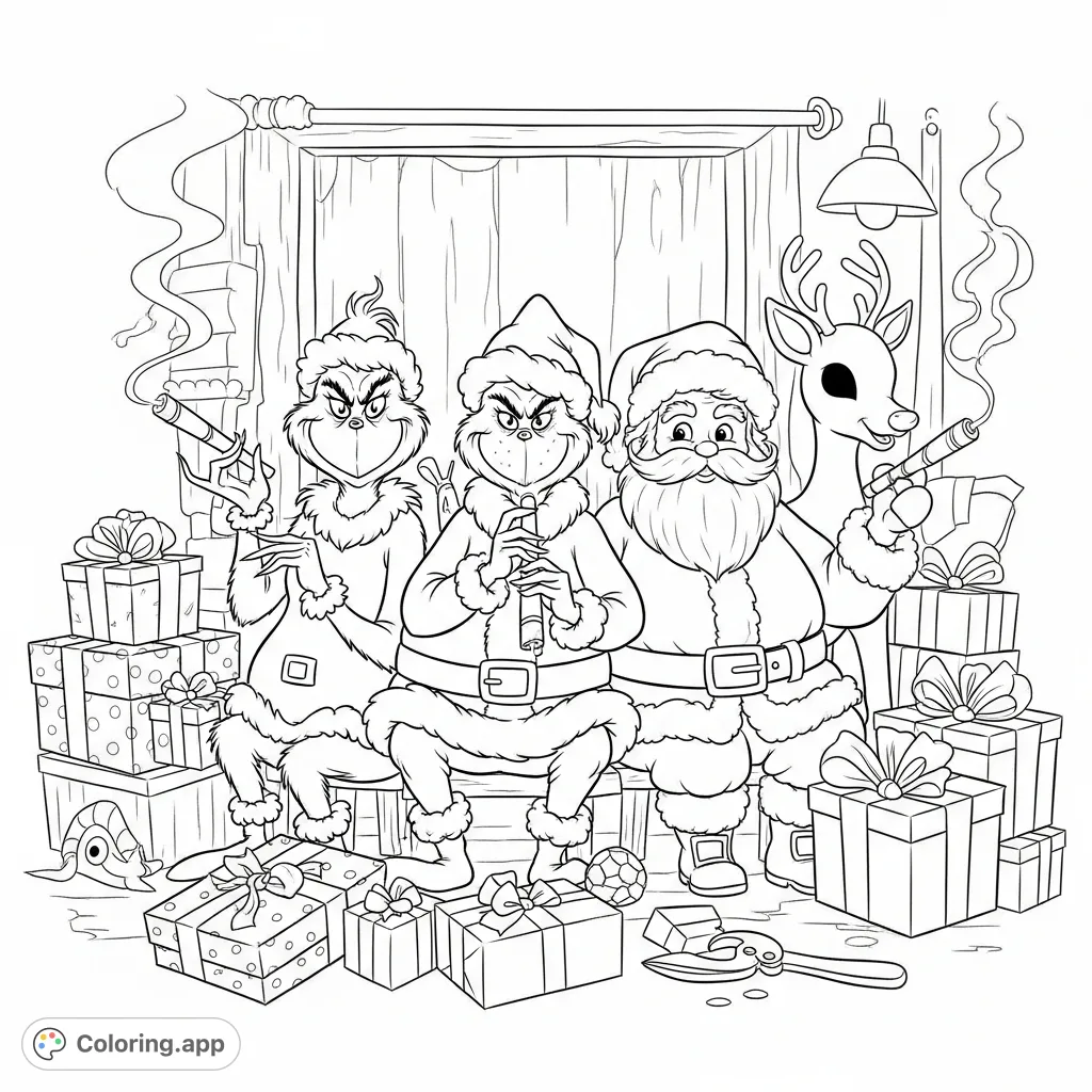An unexpected gathering of The Grinch, Santa Claus, and Rudolph in a whimsical workshop, sharing a moment with stylized hand-rolled objects.