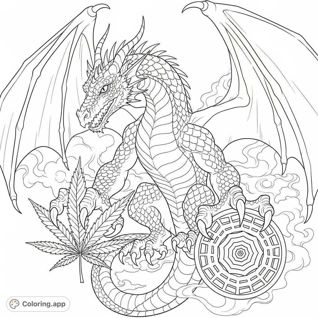 A majestic dragon cradles a cannabis leaf and a Ying Tang symbol, a unique blend of fantasy and symbolism on this intricate adult coloring page.