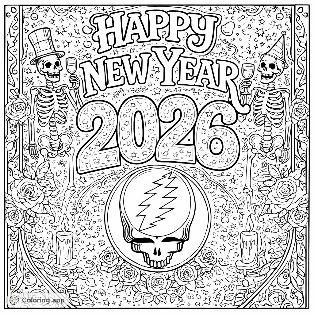Psychedelic New Year Skeletons Celebration - Coloring.app